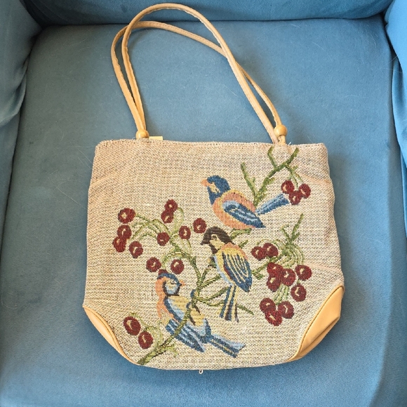 Source Unknown Handbags - Source Unknown Embroidered Bird Shoulder Bag - Cream and Tan